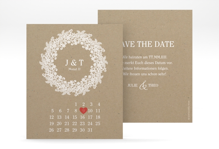 Save the Date-Kalenderblatt Mariage Kalenderblatt-Karte mit Bogen aus weißer Spitze