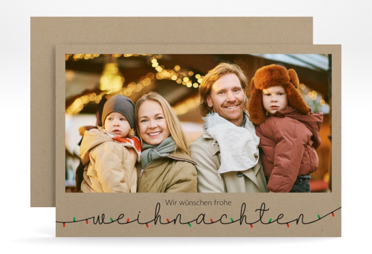 Weihnachtskarte Lichterketten Schrift A6 Karte quer Kraftpapier für Weihnachtsgrüße mit Familienfoto