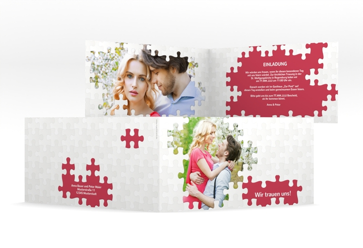 Hochzeitseinladung Puzzle lange Klappkarte quer rot