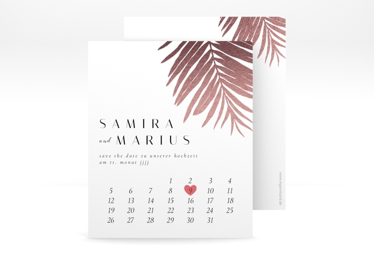 Save the Date-Kalenderblatt Palmenblatt Kalenderblatt-Karte rosa mit Palmenwedel