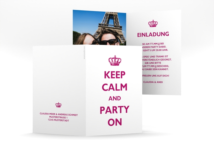 Partyeinladung Statement A6 Klappkarte hoch weiss mit Keep-Calm-Spruch