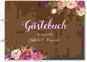 Gästebuch Holzcover Nussbaum Flowers Holz-Cover, bedruckt weiss mit bunten Aquarell-Blumen