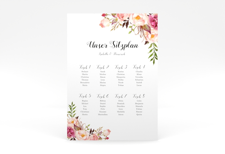 Sitzplan Poster Hochzeit Flowers 50 x 70 cm Poster weiss mit bunten Aquarell-Blumen