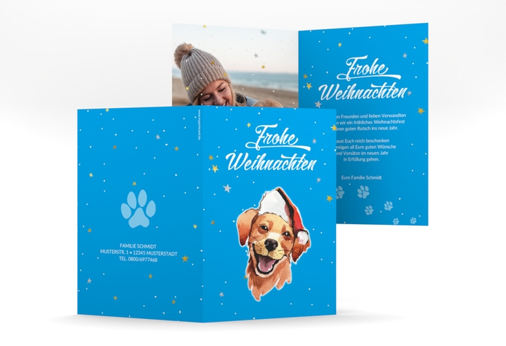 Weihnachtskarte Frosty A6 Klappkarte hoch mit Hund mit Nikolausmütze