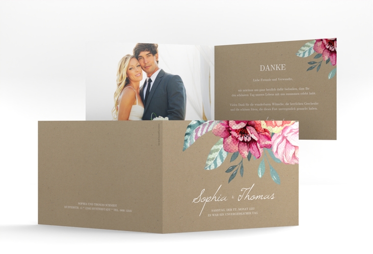 Dankeskarte Hochzeit Blooming A6 Klappkarte quer Kraftpapier