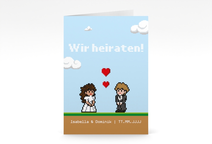 Einladungskarte Hochzeit Pixel A6 Klappkarte hoch bunt