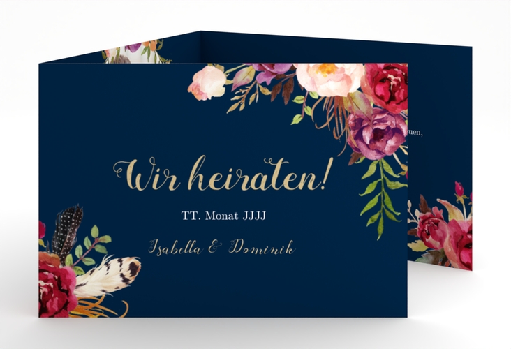 Hochzeitseinladung Flowers A6 Doppel-Klappkarte blau mit bunten Aquarell-Blumen