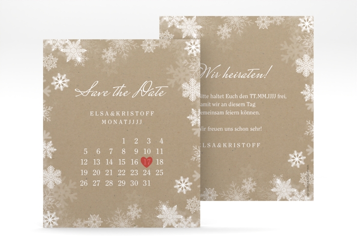 Save the Date-Kalenderblatt Snowfall Kalenderblatt-Karte mit Schneeflocken für Winterhochzeit