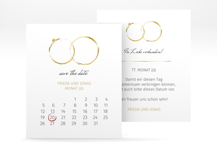 Save the Date-Kalenderblatt Trauringe Kalenderblatt-Karte gold minimalistisch gestaltet mit zwei Eheringen