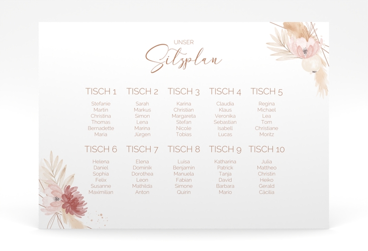 Sitzplan Poster Hochzeit Bohostyle 70 x 50 cm Poster beige mit Pampasgras in Aquarell