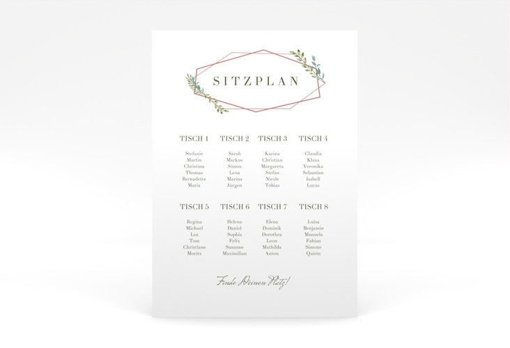 Sitzplan Poster Hochzeit Herbarium 50 x 70 cm Poster rosa mit geometrischem Rahmen und Blätter-Dekor