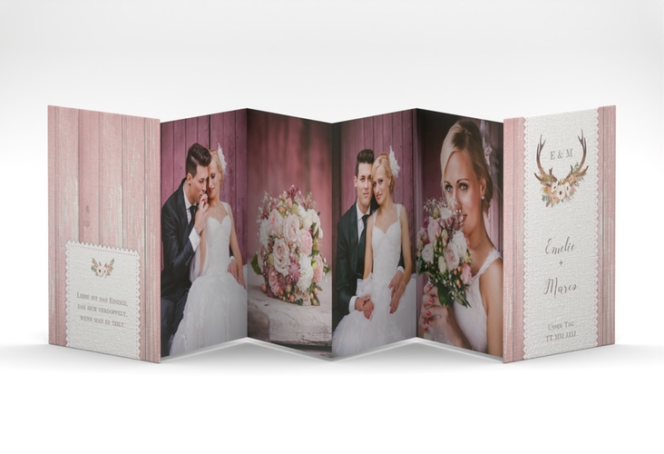 Foto-Leporello Hochzeit Heimatjuwel Leporello rosa mit Hirschgeweih und Holz-Hintergrund