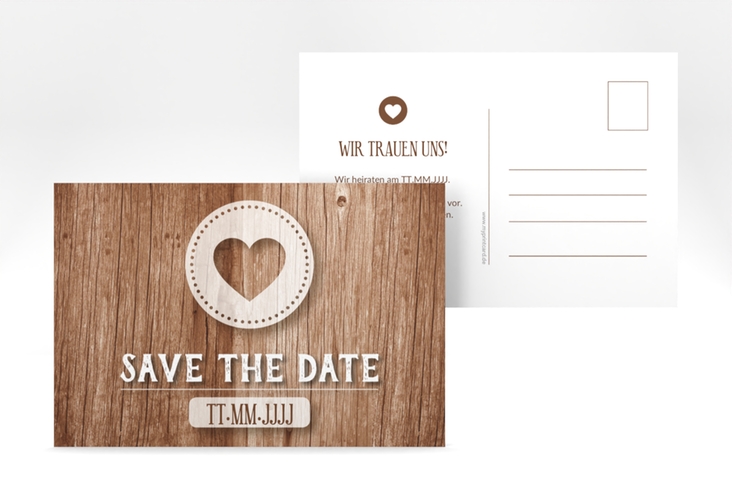 Save the Date-Postkarte Flair A6 Postkarte braun in rustikaler Holz-Optik mit Herz