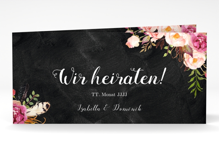 Hochzeitseinladung Flowers lange Klappkarte quer schwarz hochglanz mit bunten Aquarell-Blumen