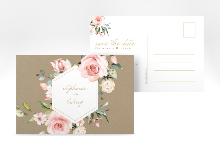 Save the Date-Postkarte Graceful A6 Postkarte mit Rosenblüten in Rosa und Weiß