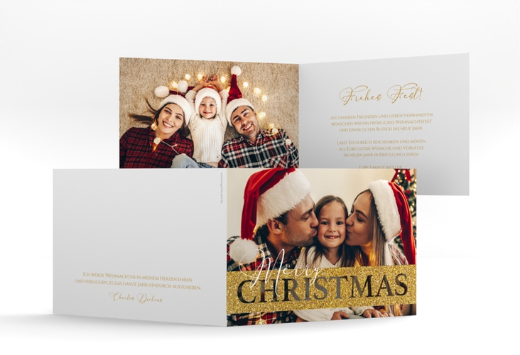 Weihnachtskarte Goldschimmer A6 Klappkarte quer mit Foto und Schriftzug Merry Christmas