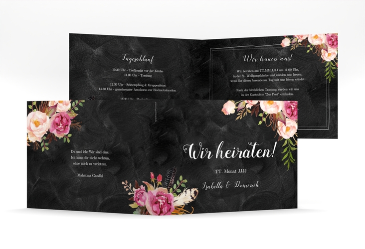 Hochzeitseinladung Flowers mittlere Klappkarte quer schwarz mit bunten Aquarell-Blumen