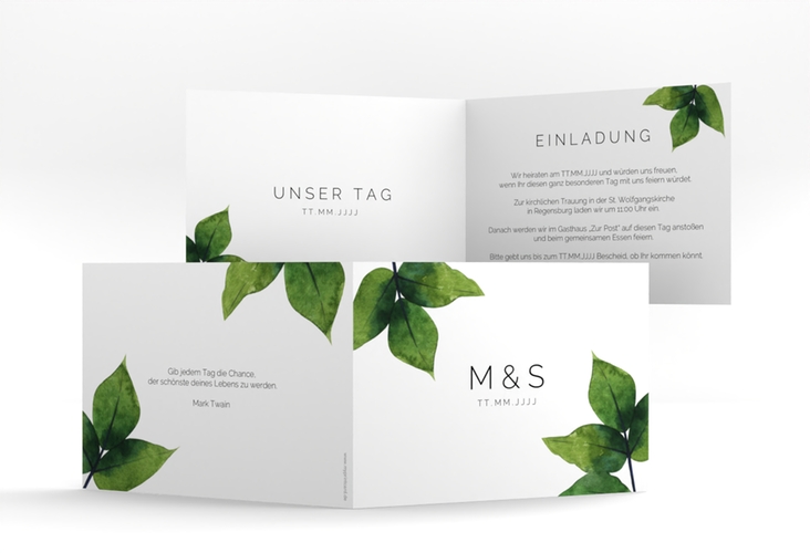 Hochzeitseinladung Greenery A6 Klappkarte quer gruen hochglanz minimalistisch mit grünen Blättern