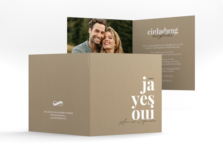 Hochzeitseinladung Oui quadr. Klappkarte Kraftpapier mit Ja-Wort in verschiedenen Sprachen