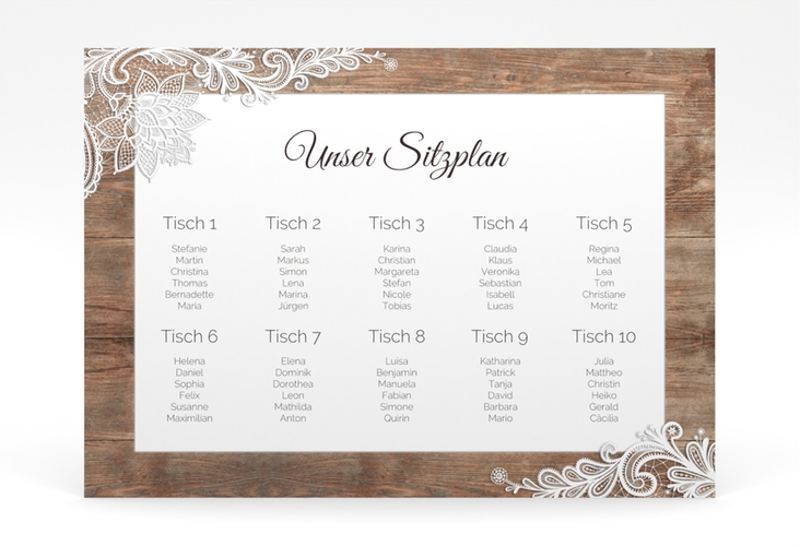 Sitzplan Poster Hochzeit Spitze 70 x 50 cm Poster braun