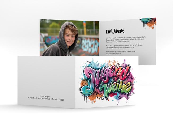 Einladungskarte Jugendweihe Stylewriting A6 Klappkarte quer mit Graffiti-Schriftzug