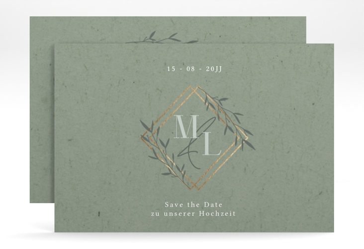 Save the Date-Karte Greenletter A6 Karte quer hochglanz mit Initialen in elegantem Goldrahmen mit Blättern