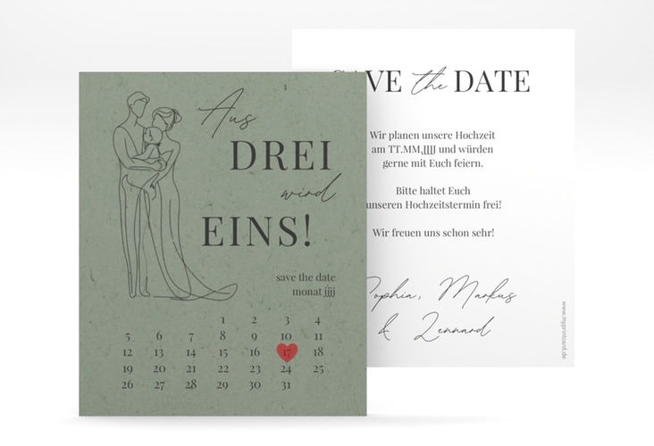 Save the Date-Kalenderblatt Vereint Kalenderblatt-Karte gruen hochglanz mit Folie