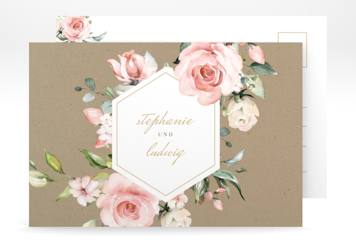 Save the Date-Postkarte Graceful A6 Postkarte mit Rosenblüten in Rosa und Weiß