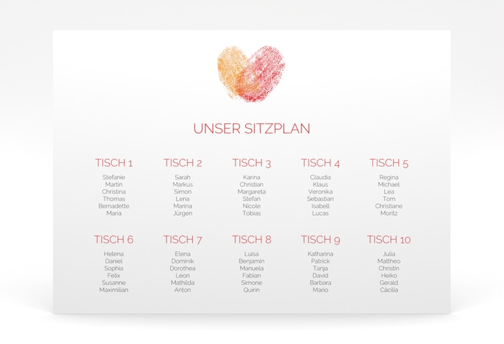 Sitzplan Poster Hochzeit Fingerprint 70 x 50 cm Poster rot schlicht mit Fingerabdruck-Motiv