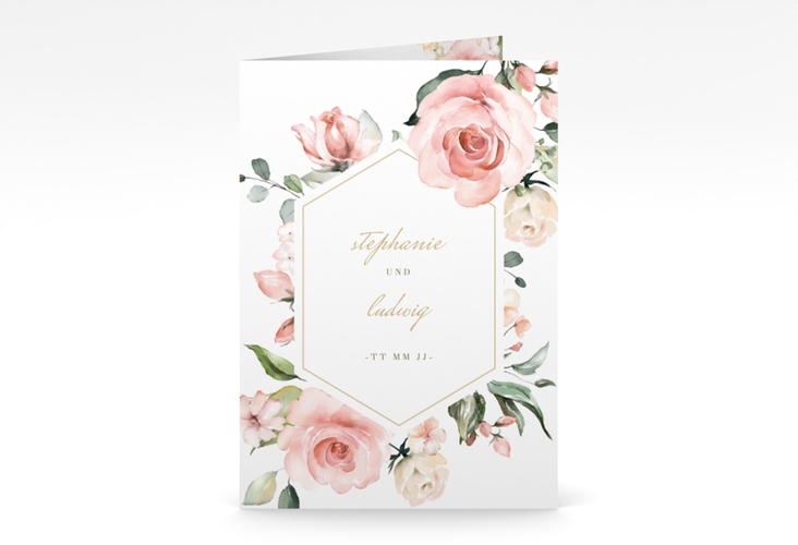 Danksagungskarte Hochzeit Graceful A6 Klappkarte hoch weiss mit Rosenblüten in Rosa und Weiß