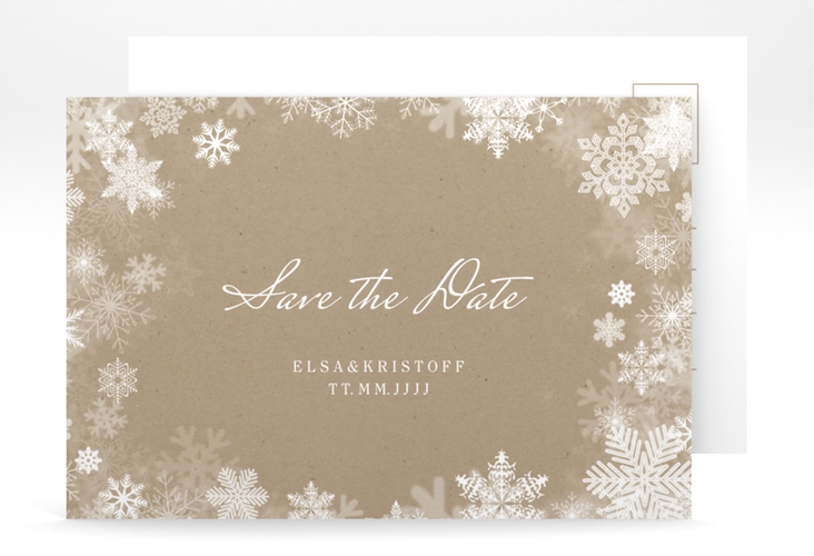 Save the Date-Postkarte Snowfall A6 Postkarte Kraftpapier mit Schneeflocken für Winterhochzeit