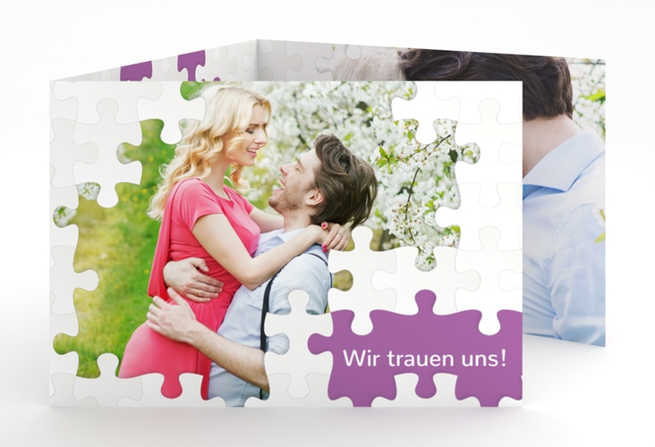 Hochzeitseinladung Puzzle A6 Doppel-Klappkarte lila