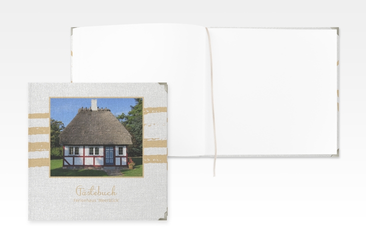 Gästebuch Selection Ferienwohnung Meerblick Leinen-Hardcover beige maritim gestreift mit Foto