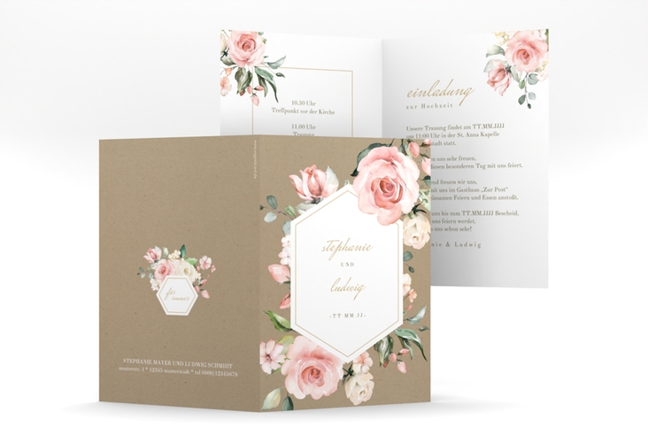 Einladungskarte Hochzeit Graceful A6 Klappkarte hoch Kraftpapier hochglanz mit Rosenblüten in Rosa und Weiß