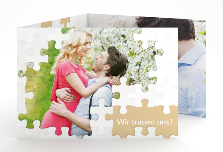 Hochzeitseinladung Puzzle A6 Doppel-Klappkarte beige