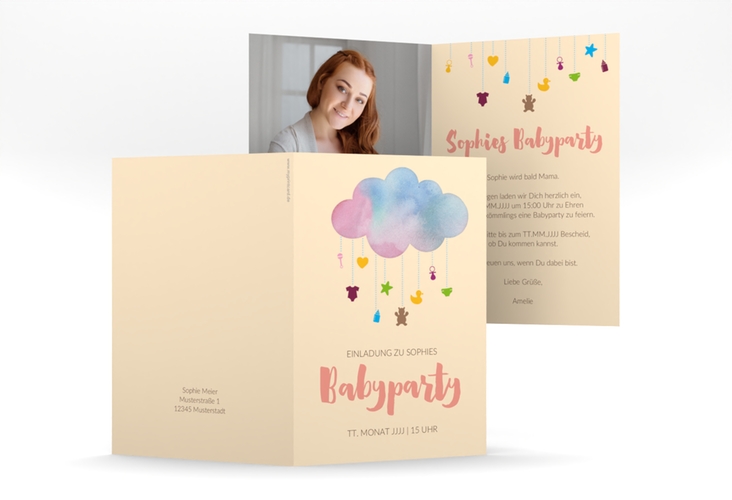 Partyeinladung Babyparty A6 Klappkarte hoch hochglanz mit Wolken-Mobile