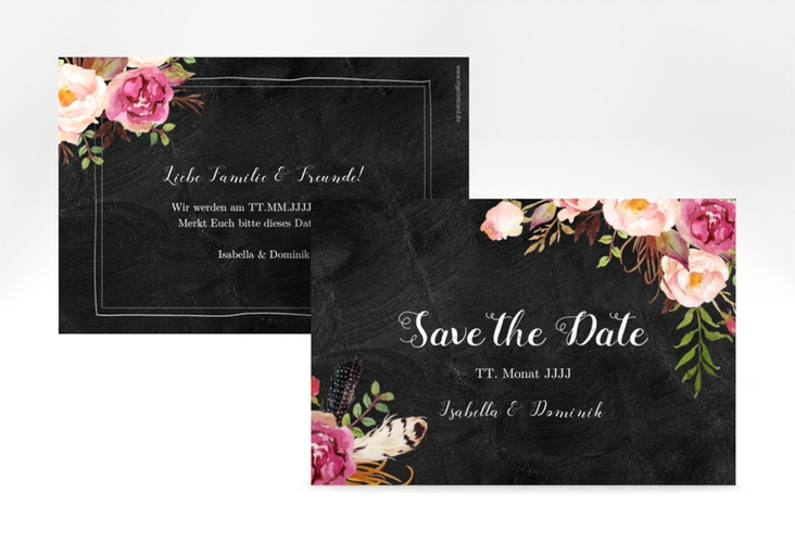 Save the Date-Karte Flowers A6 Karte quer schwarz mit bunten Aquarell-Blumen