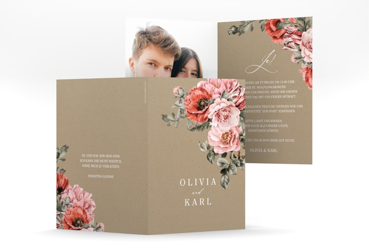 Einladungskarte Hochzeit Grazioso A6 Klappkarte hoch Kraftpapier modern mit Mohnblumen und Rosen