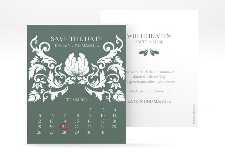 Save the Date-Kalenderblatt Royal Kalenderblatt-Karte gruen mit barockem Blumen-Ornament