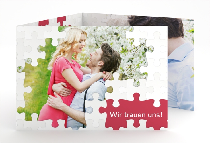 Hochzeitseinladung Puzzle A6 Doppel-Klappkarte rot