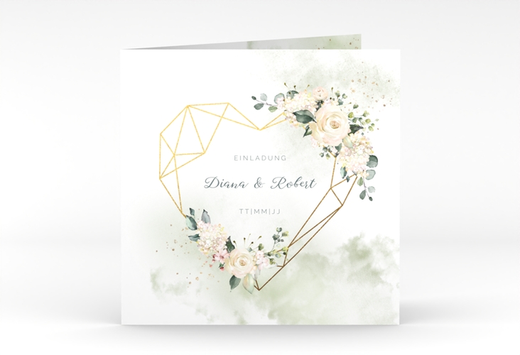 Hochzeitseinladung Adore quadr. Klappkarte mit geometrischem Herz und Rosen in Aquarell