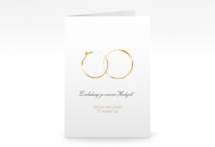 Einladungskarte Hochzeit Trauringe A6 Klappkarte hoch gold minimalistisch gestaltet mit zwei Eheringen