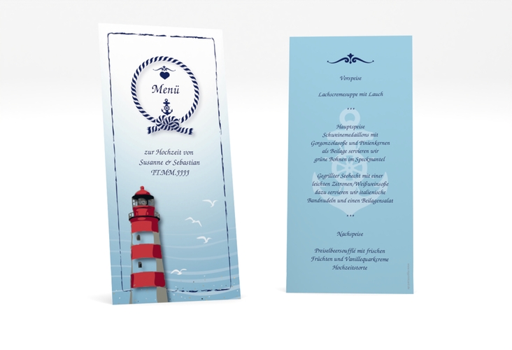 Menükarte Hochzeit Sylt lange Karte hoch blau mit Leuchtturm