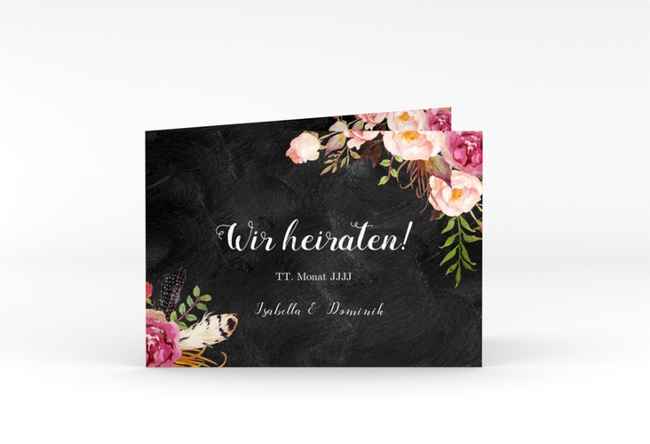 Hochzeitseinladung Flowers A6 Klappkarte quer schwarz mit bunten Aquarell-Blumen