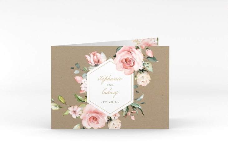 Dankeskarte Hochzeit Graceful A6 Klappkarte quer mit Rosenblüten in Rosa und Weiß