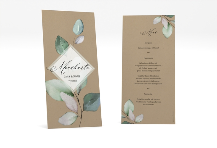 Menükarte Hochzeit Foglia lange Karte hoch Kraftpapier edel mit Eukalyptus im Aquarell-Design