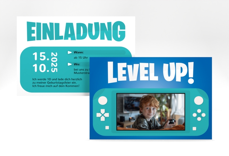 Einladungskarte Kindergeburtstag Gamepad A6 Karte quer tuerkis