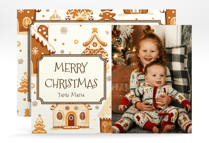 Weihnachtskarte Lebkuchenhäuschen A6 Karte quer hochglanz für Weihnachtsgrüße mit Familienfoto