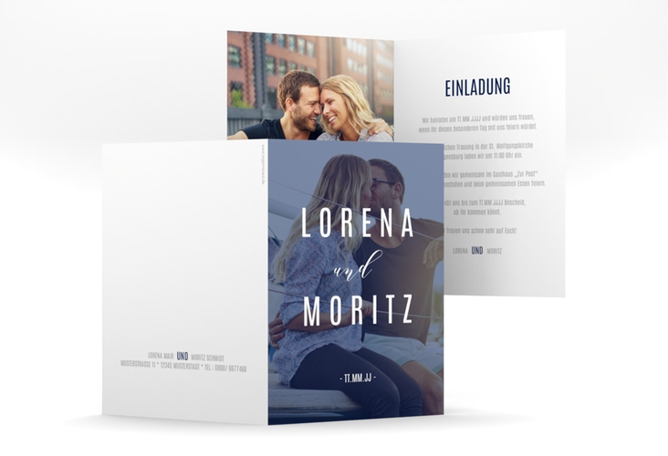 Einladungskarte Hochzeit Memory A6 Klappkarte hoch blau