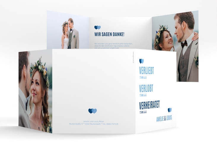 Dankeskarte Hochzeit Couple quadr. Doppel-Klappkarte blau